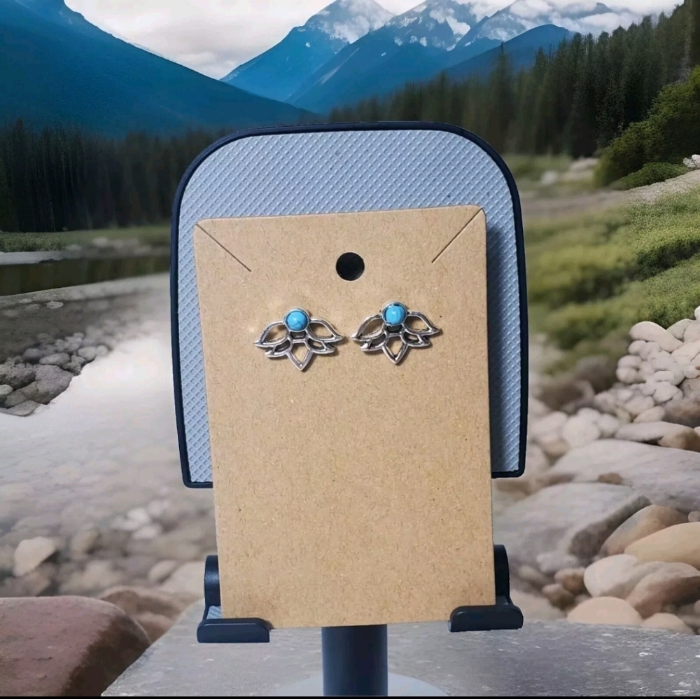 Handmade Silver Turquoise Lotus Flower Leaf Stud Silver Accent Earrings